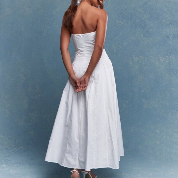 White Elegant Women's Corset Bust Pleated Bandeau Maxi Dress - Picture 2 of 5